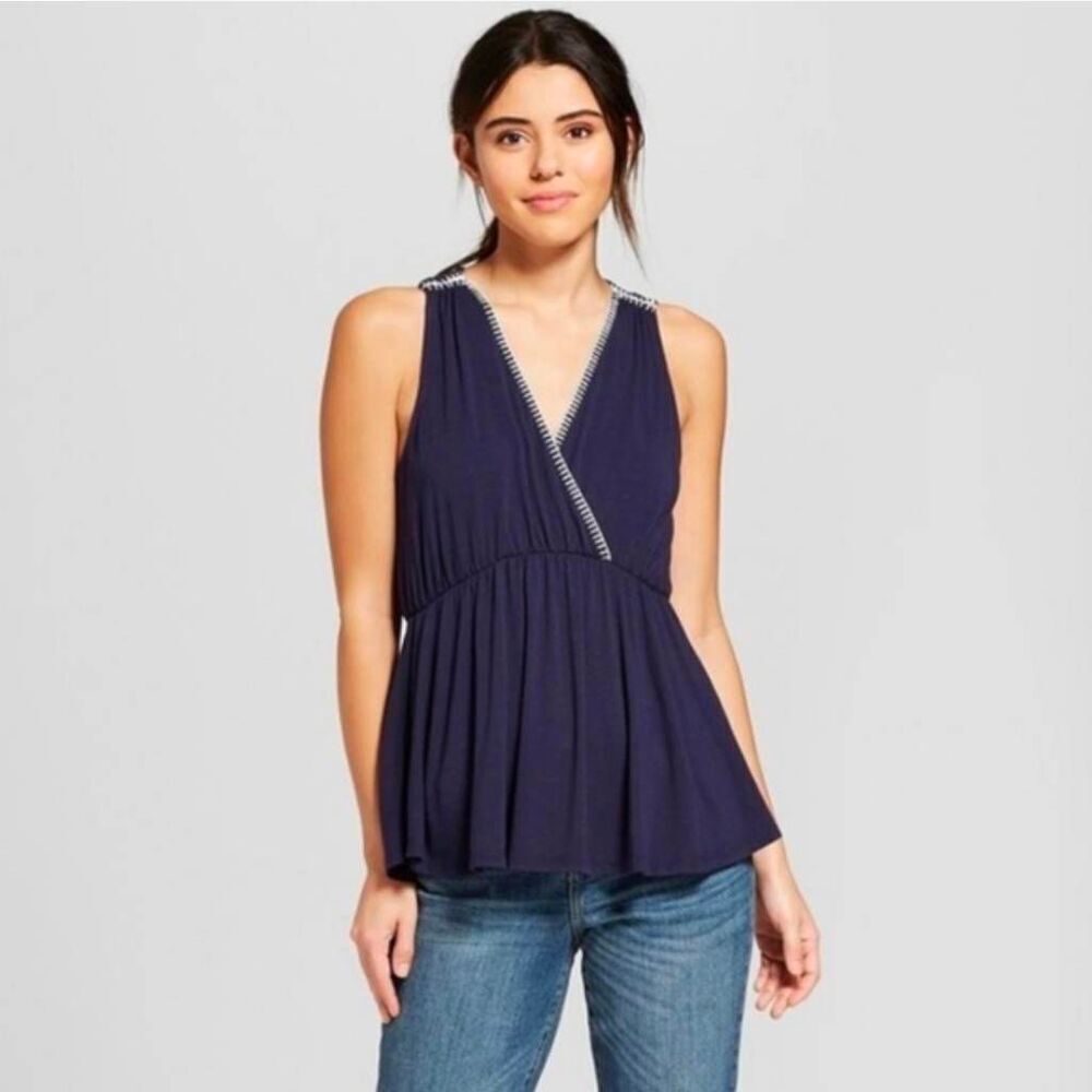Universal Thread Navy Blue Stitched Surplice Tank Top Size Large